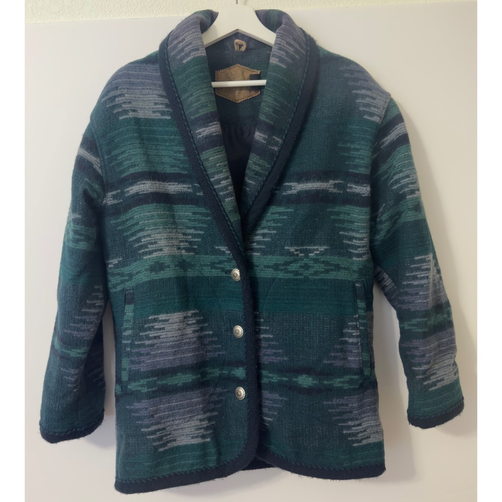 Woolrich Southwestern Wool Jacket Womens Small Green Aztec Shawl Collar USA